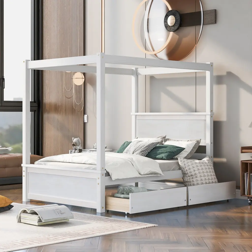 Wood Canopy Bed Two Drawers, Full Dimensions Canopy Platform Bed Storage lucky furniture