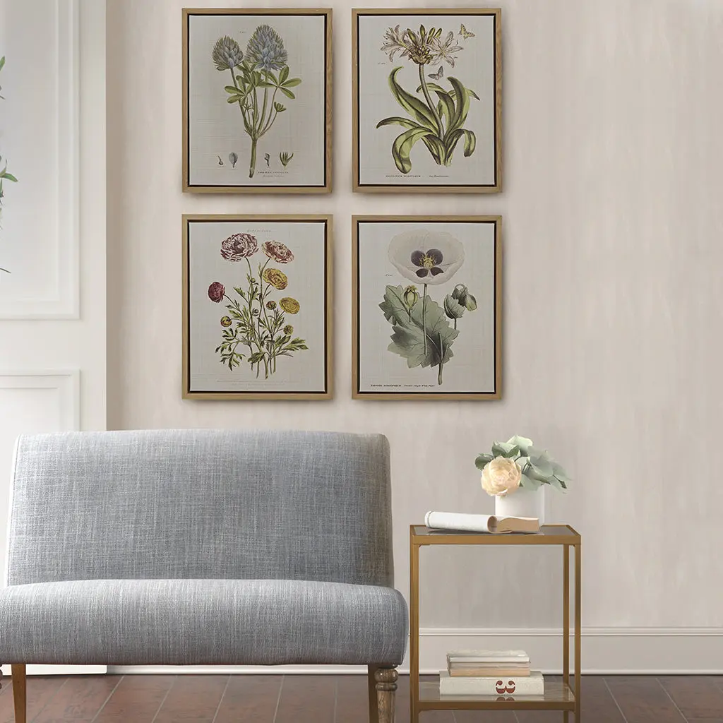 4 Piece Botanical Illustration Framed Canvas Wall Art Set Green MDF Decor jla