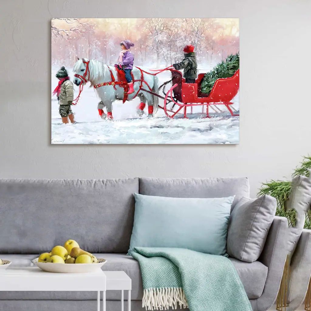Framed Canvas Wall Art Decor Painting Christmas, White Horse Snow looife art