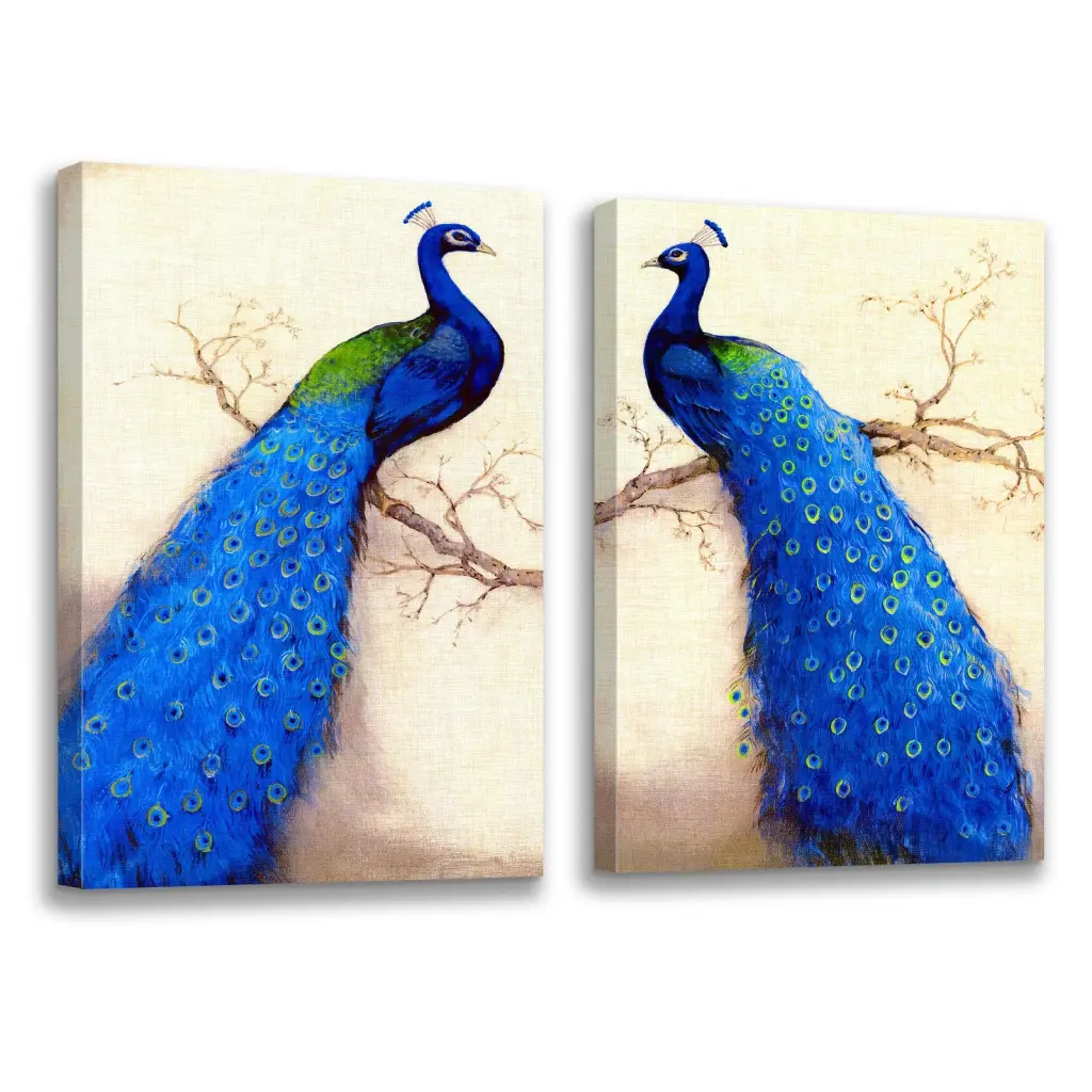 2 Panels Framed Elegant Blue Peacock Canvas Wall Art Decor looife art