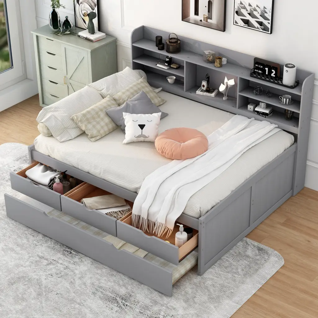 Full Dimensions Wooden Captain Bed Built- Bookshelves and Three Storage Drawers wm store