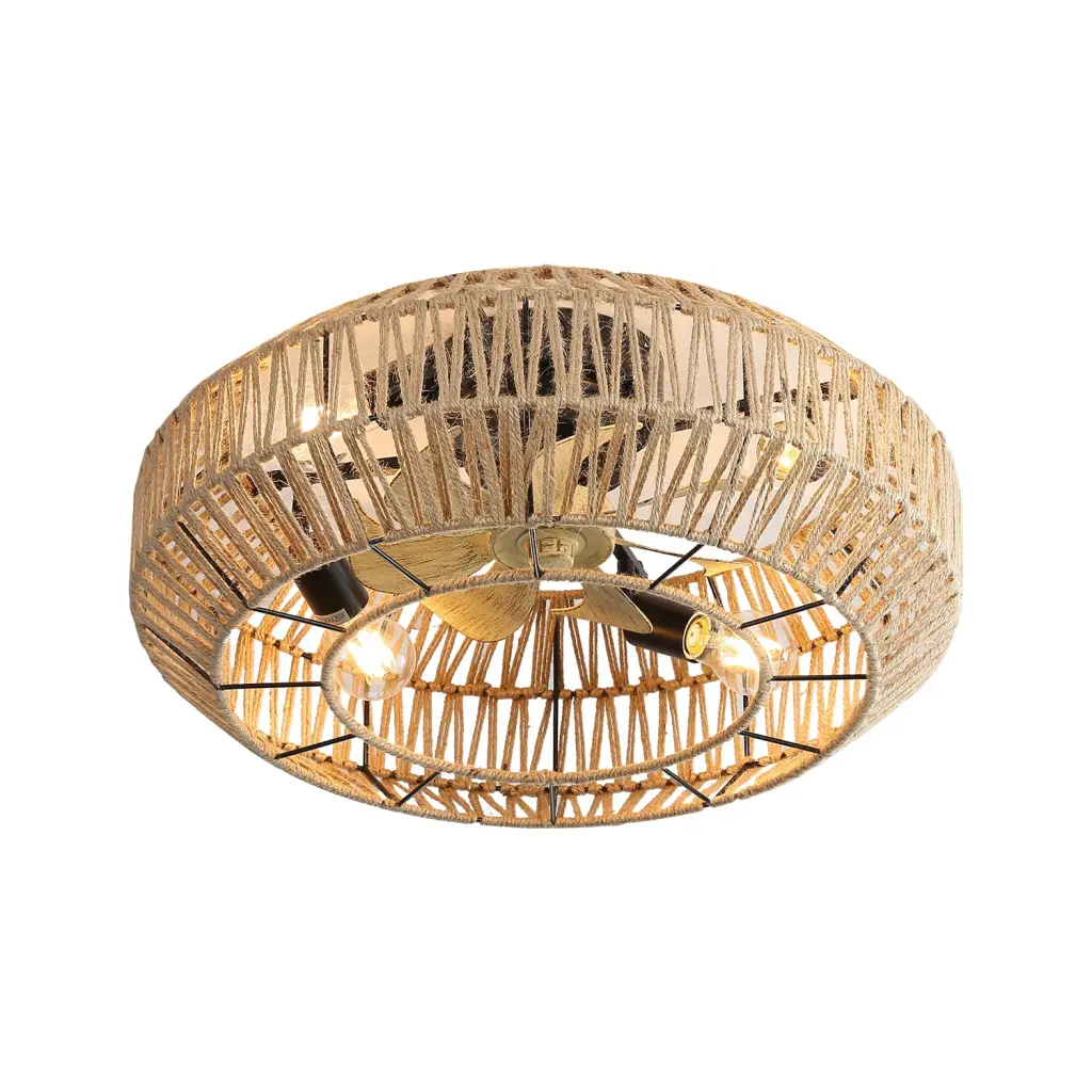 22 Inch Boho Caged Rattan Ceiling Fan 6 Speeds Remote and Reversible Motor