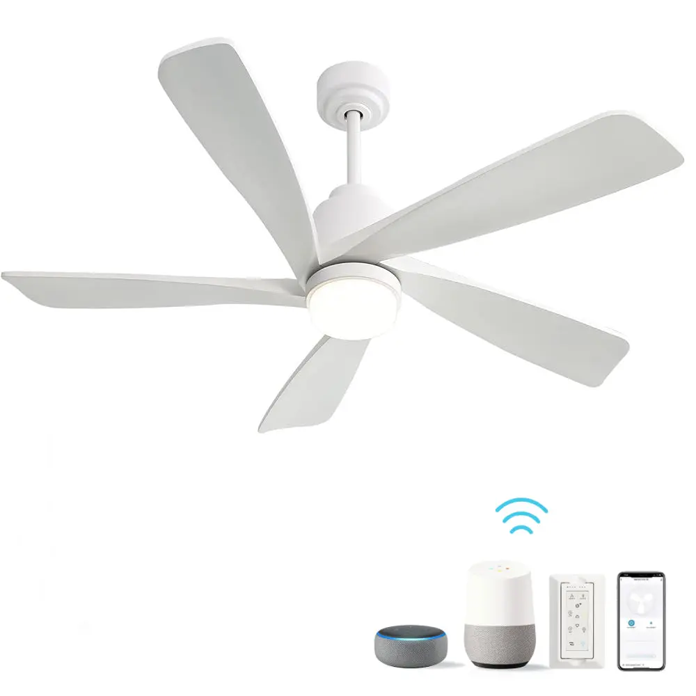 52 Inch Modern Ceiling Fan Dimmable LED Light 5 Solid Wood Blades Remote Control