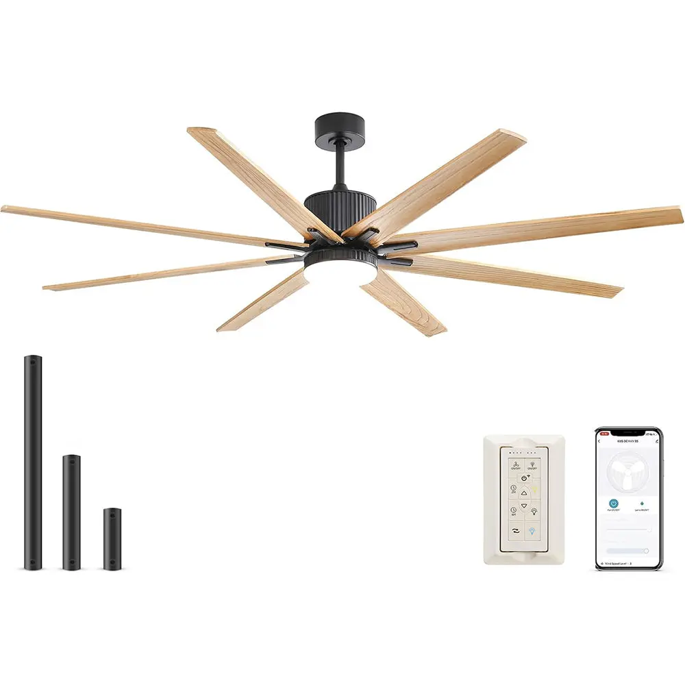 76 Inch S Remote Regulation Ceiling Fan 8 Solid Wood Blades and 18W Dimmable LED Light ceiling fan with light