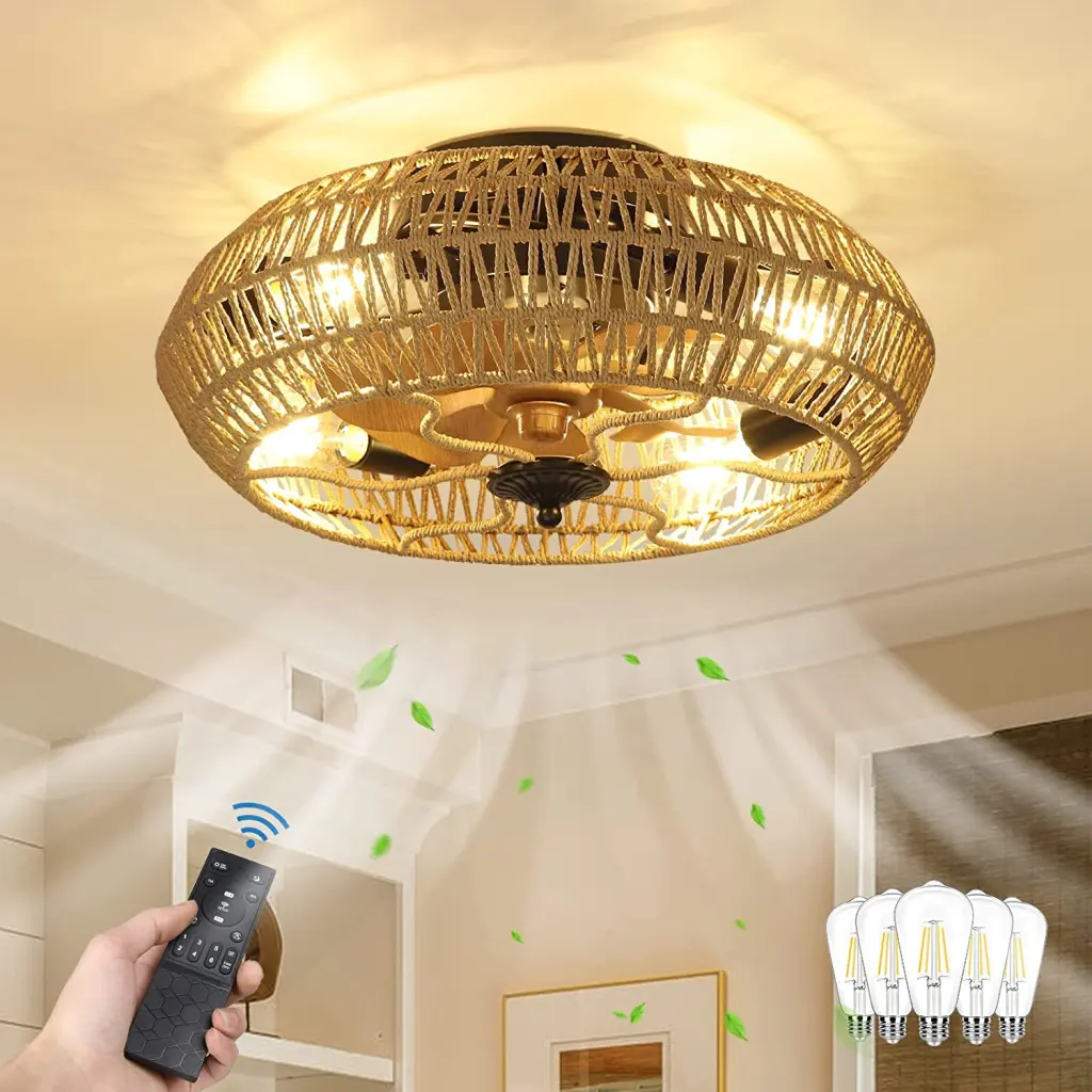 Dimmable Ceiling Fan Lights And Remote Brown Rattan Blades dfzj