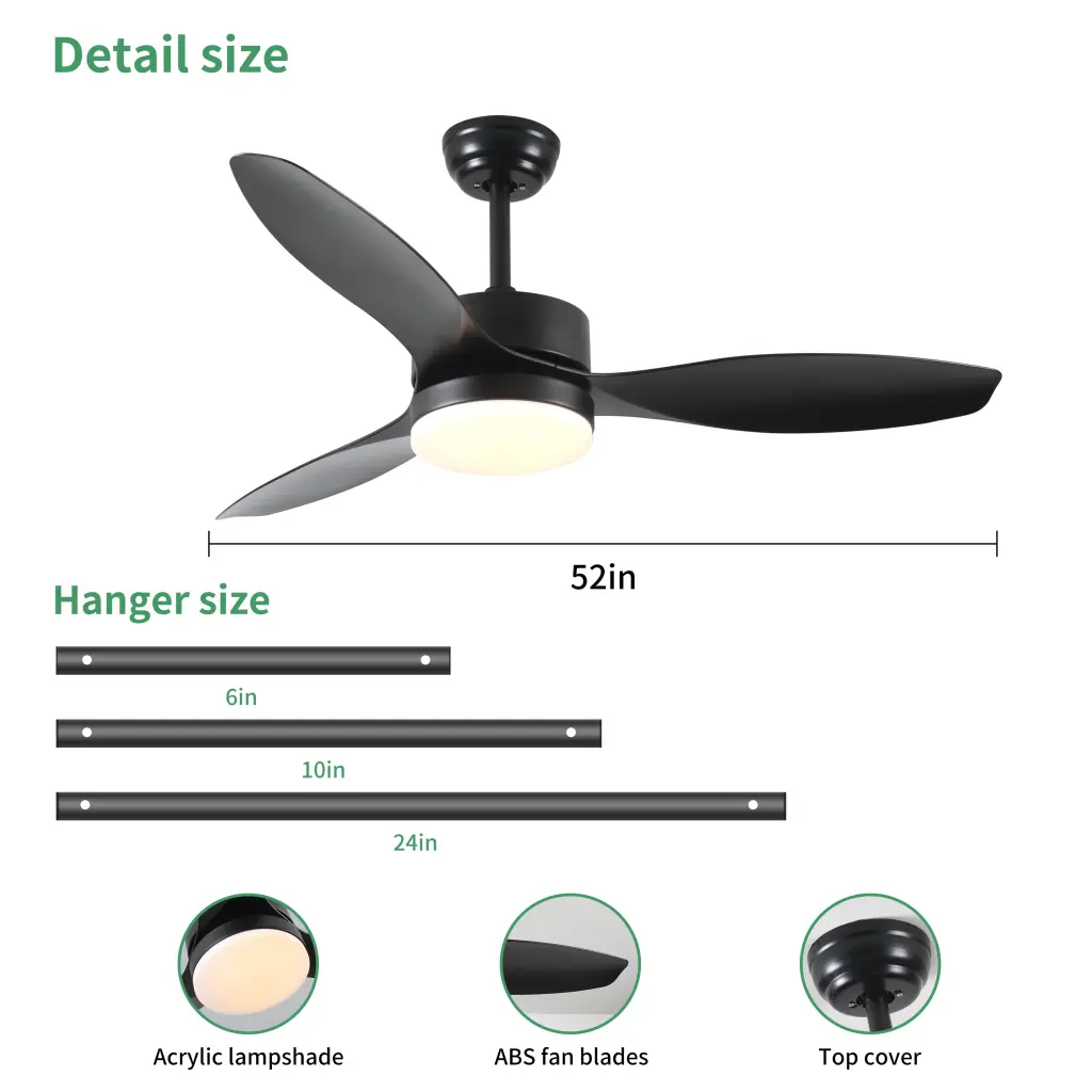 52 Inch Indoor Outdoor Ceiling Fan LED Select Light Kit Black rnb