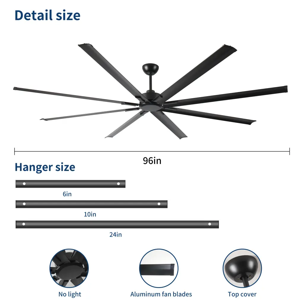 96 Inch Industrial DC Motor Ceiling Fan 8 Reversible Blades rnb