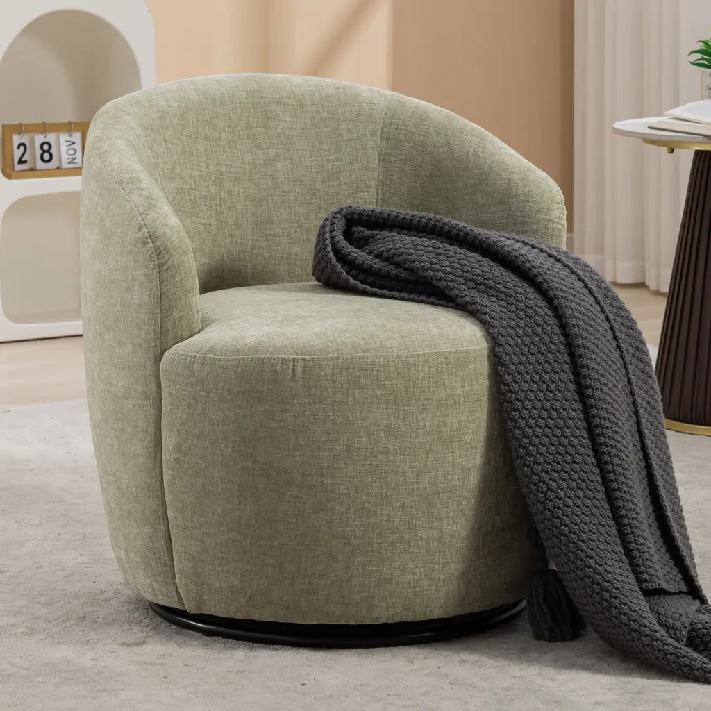 037 Chenille Swivel Accent Armchair, Barrel Chair Black Powder Coated Base dg collection