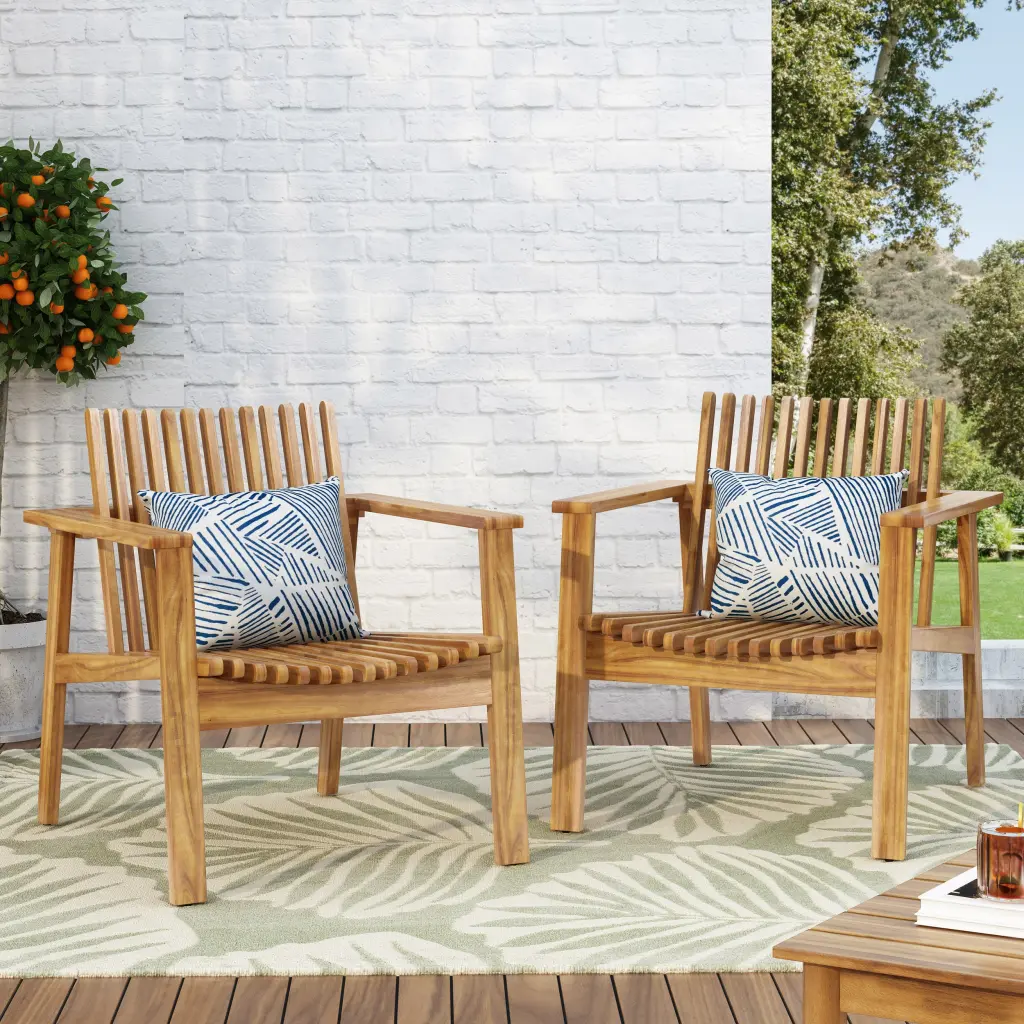 Set 2 Outdoor Acacia Wood Slatted Club Chairs Teak Finish Patio nh-onfind
