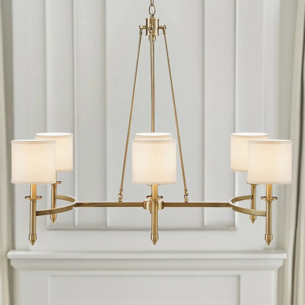 6 Light Chandelier Fabric Drum Shades Antique Gold Ceiling Fixture jla