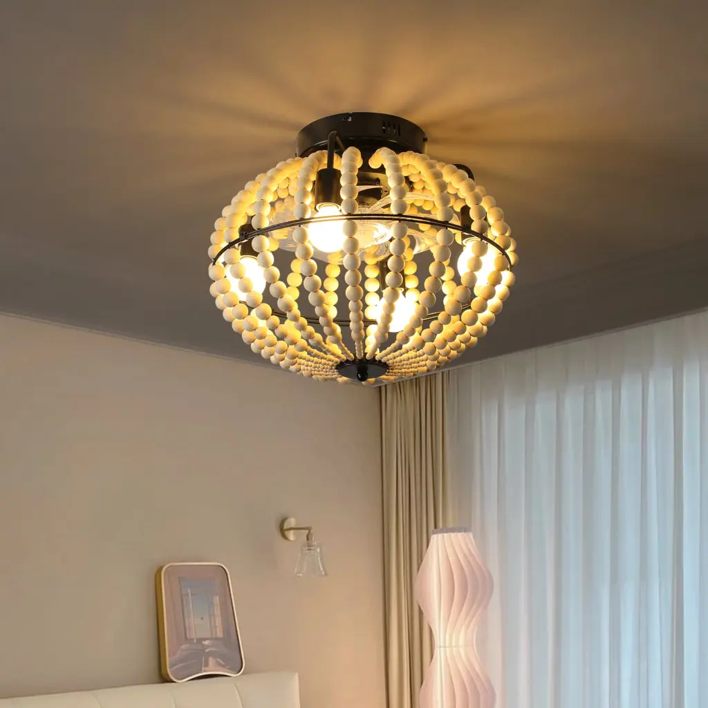 Beaded Fan Lamp Timber Beaded Chandelier Oak White Modern Ferrous Metal Ceiling Light lighting commune