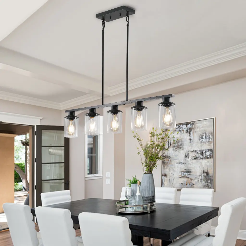 Modern Industrial 5 Light Chandelier Clear Crystal Shades Matte Black lighting commune