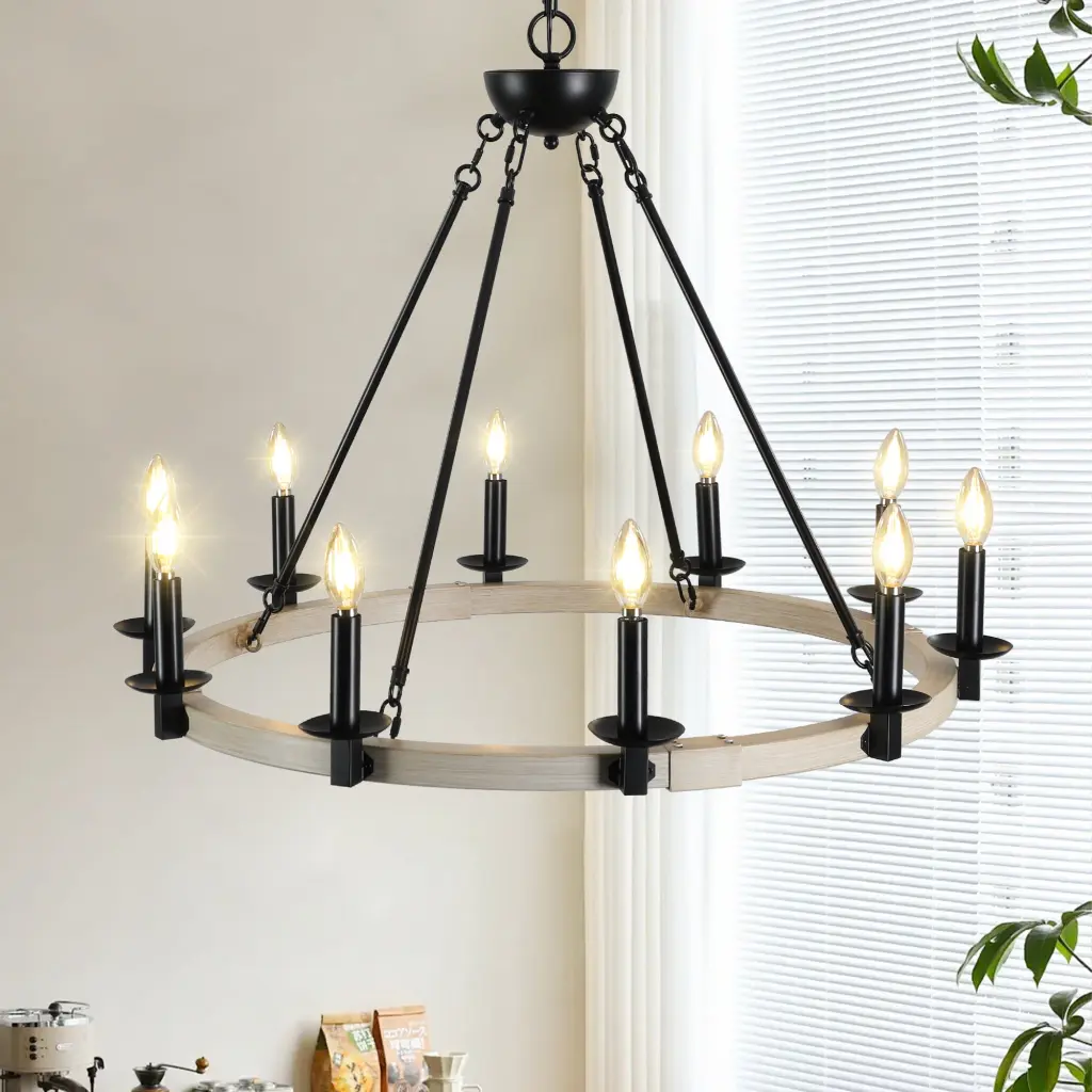 Rustic Farmhouse 10 Light Candle Chandelier Black Metal and Wood Round lighting commune