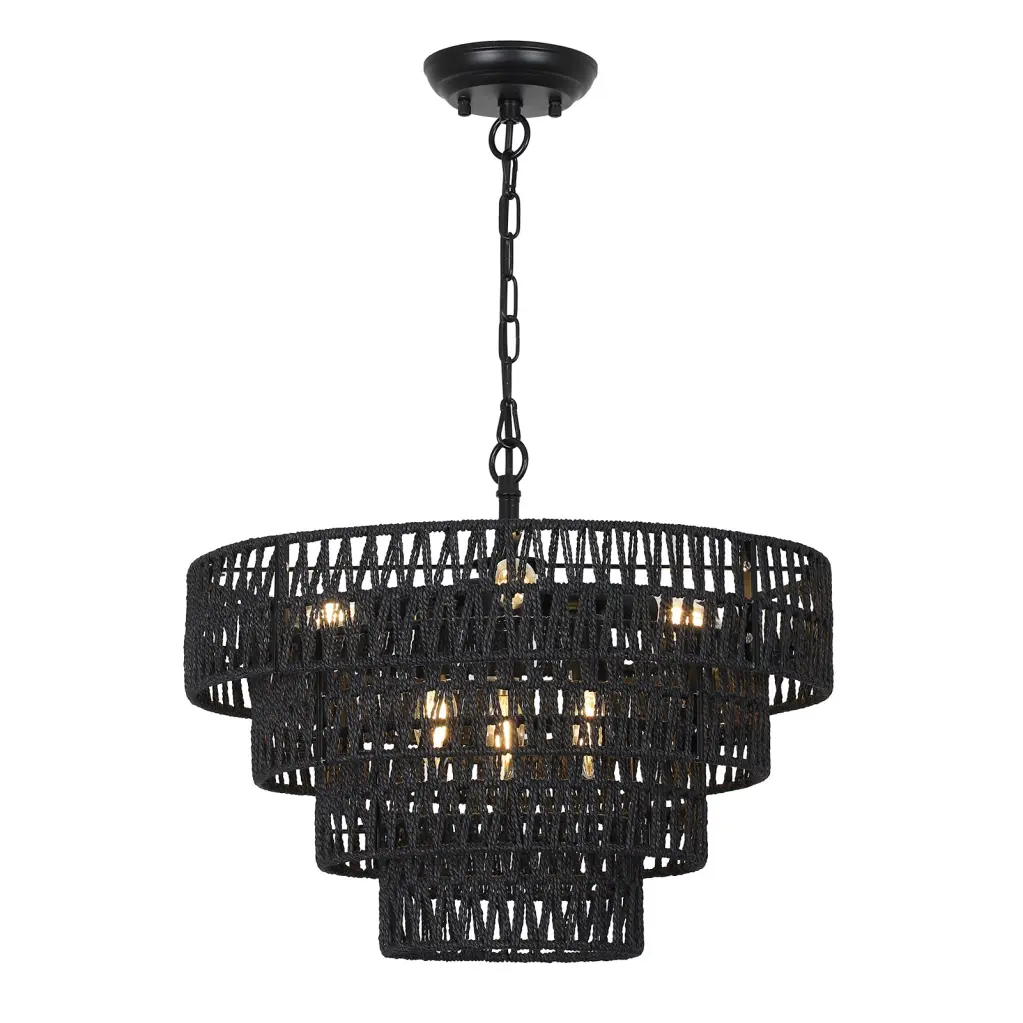 Boho 6 Light Rattan Chandelier Black Rattan Metallic Ceiling Fixture rnb