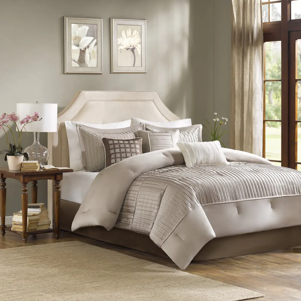 7 Piece Taupe Charmeuse Comforter Set Queen Size - Polyester Shine jla