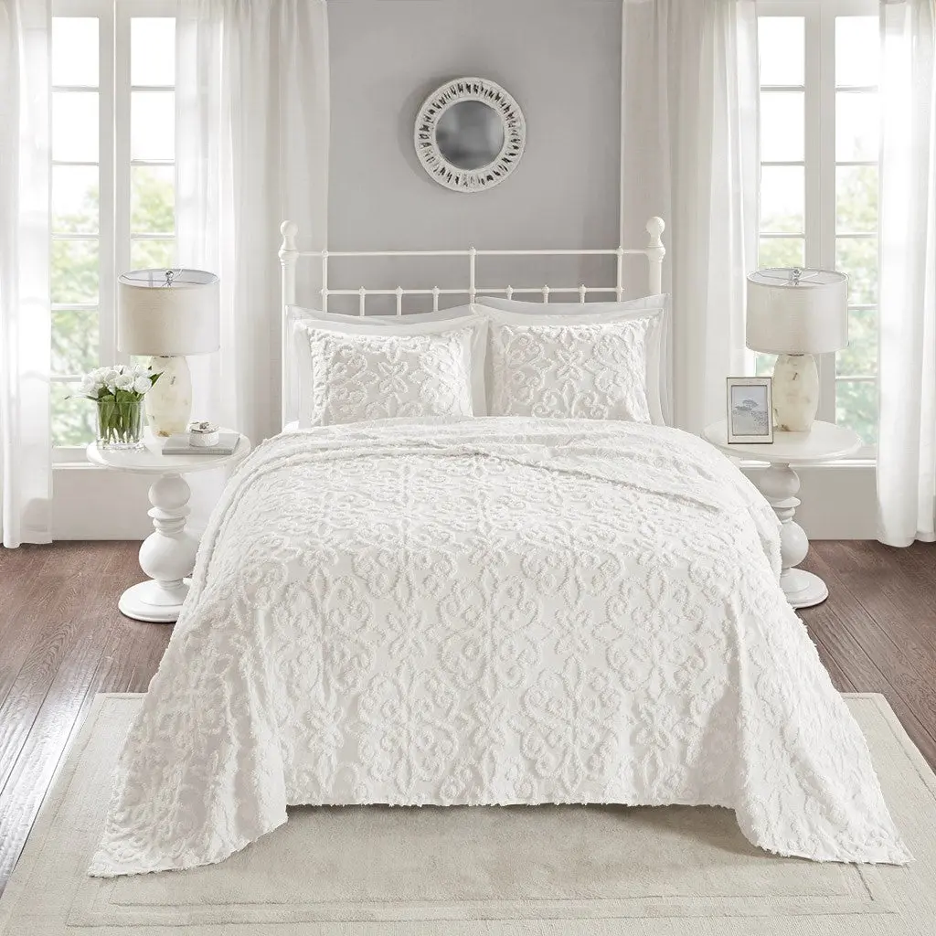 3 Piece Tufted Cotton Chenille Bedspread Set Off White King Cal King jla