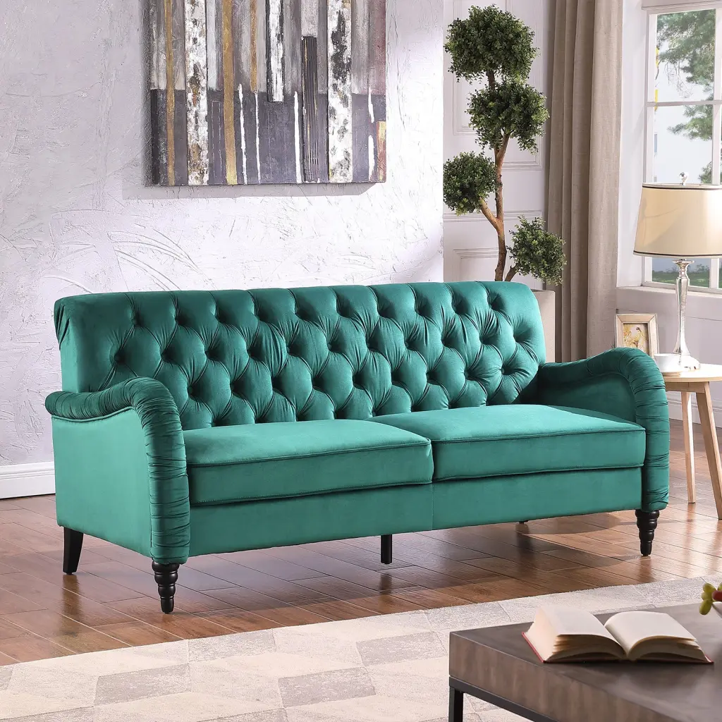 Dark Green Chesterfield 3 Seater Modern Sofa Velvet homarni furnishings inc.---w1099