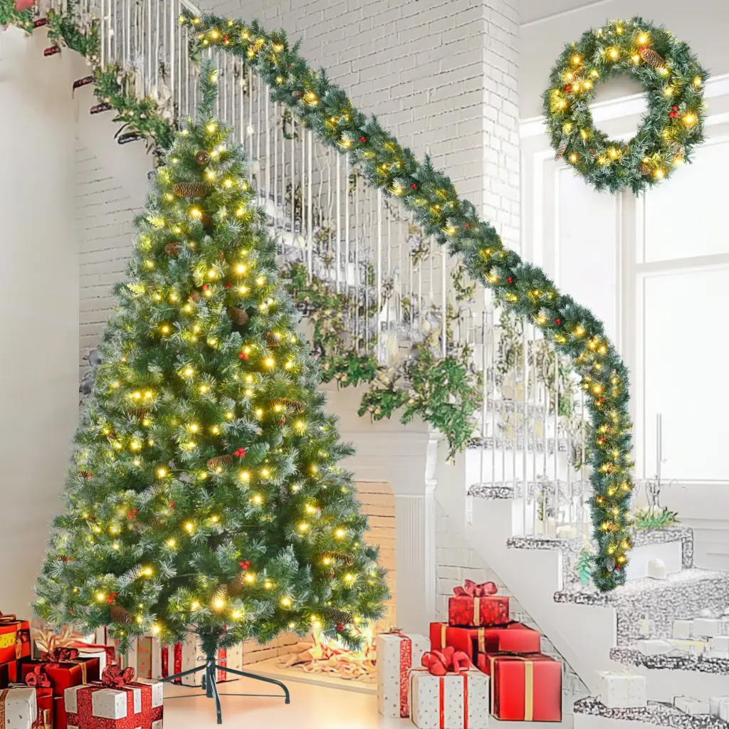 6ft Dark Green Pine Christmas Tree Pre Lit Set Tree and Garland go