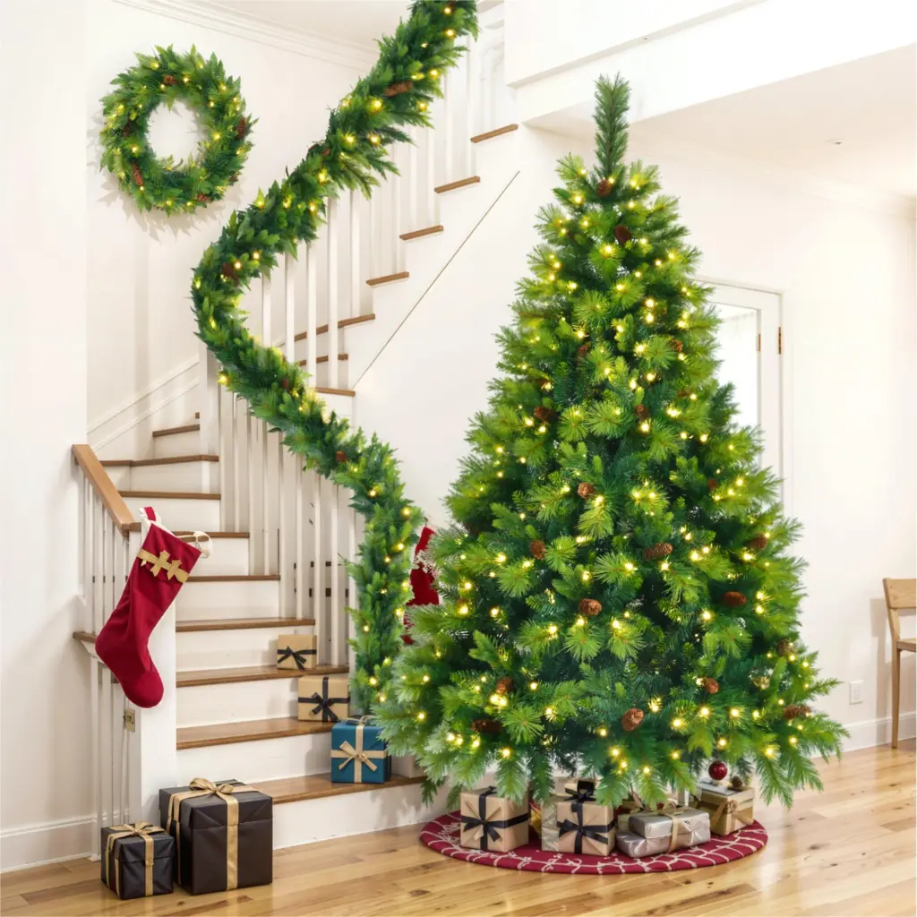 6Ft Grass Green Christmas Tree Large Branches and Pre-Lit Lights go