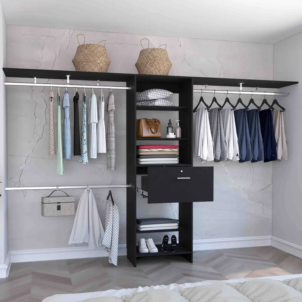 Closet System 70W 118W Three Hanging Rods Five Shelves One Drawer Wardrobe Organizer depot e-shop