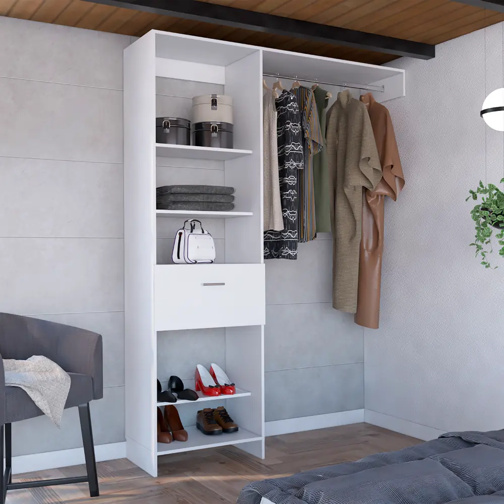 Manchester 150 Closet System Metal Rod Five Open Shelves One Drawer tuhome