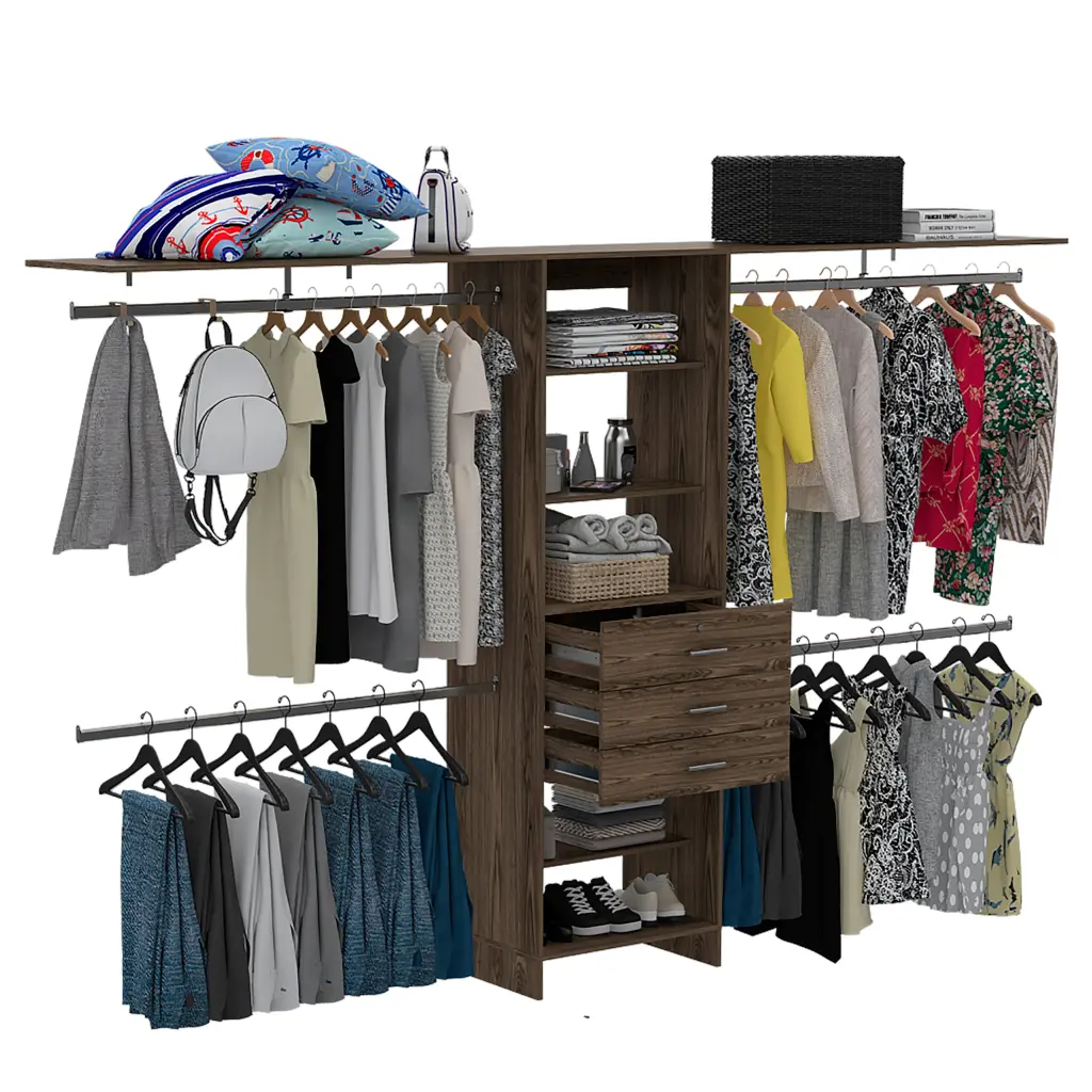 Closet System 69 Inch to 118 Inch Four Hanging Rods Three Drawers Five Shelves depot e-shop