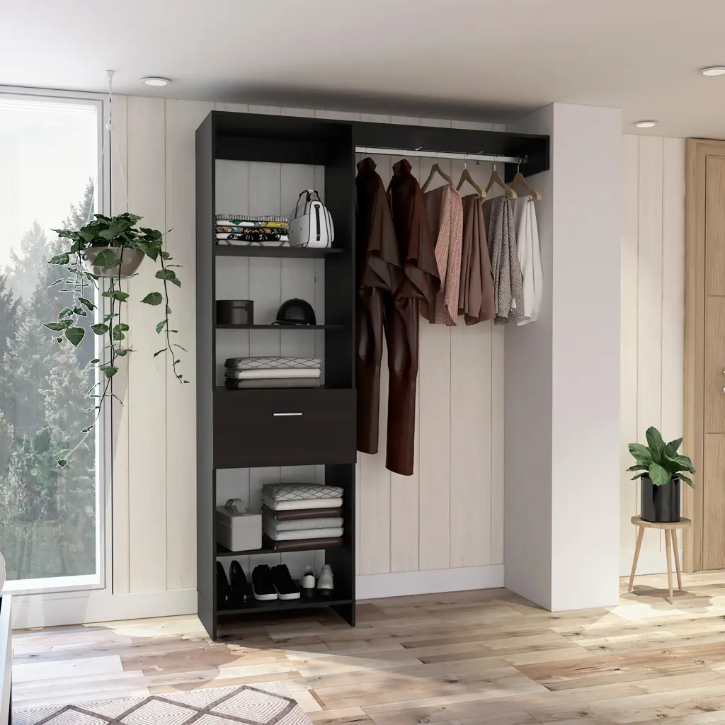 Lenox 1 Drawer 4 Shelf Closet System Black Wengue Black Particle Board furniture max