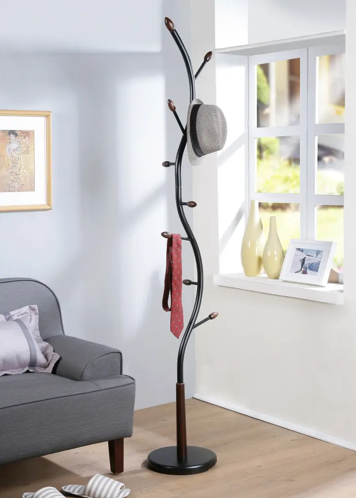 Arles Metallic Black and Walnut Standing Coat Rack Black Timber hz