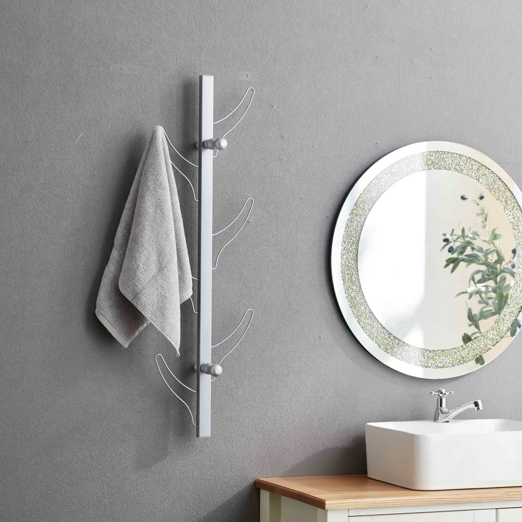 Vertical Eight Hook Coat Rack Wall Mount Shiny Metal Particle Board Entryway Organizer id international- inc.