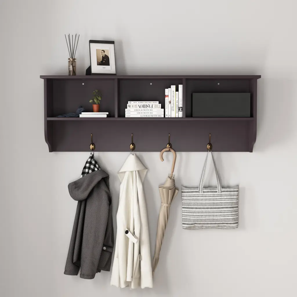 Espresso Entryway Wall Mounted Coat Rack 4 Dual Hooks Living Room newmark