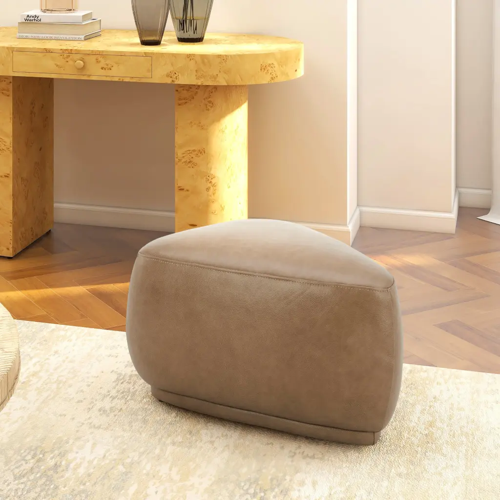 Pebble 26 Inch Rounded Triangle Cocktail Ottoman Tuscan Tan Brown Top Grain Leather jennifer taylor home