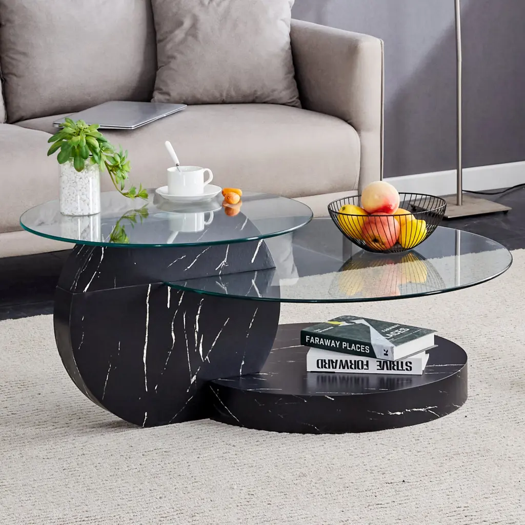 Modern and Functional Double Deck Round Table Double Storage Space Living Room droom w-1151