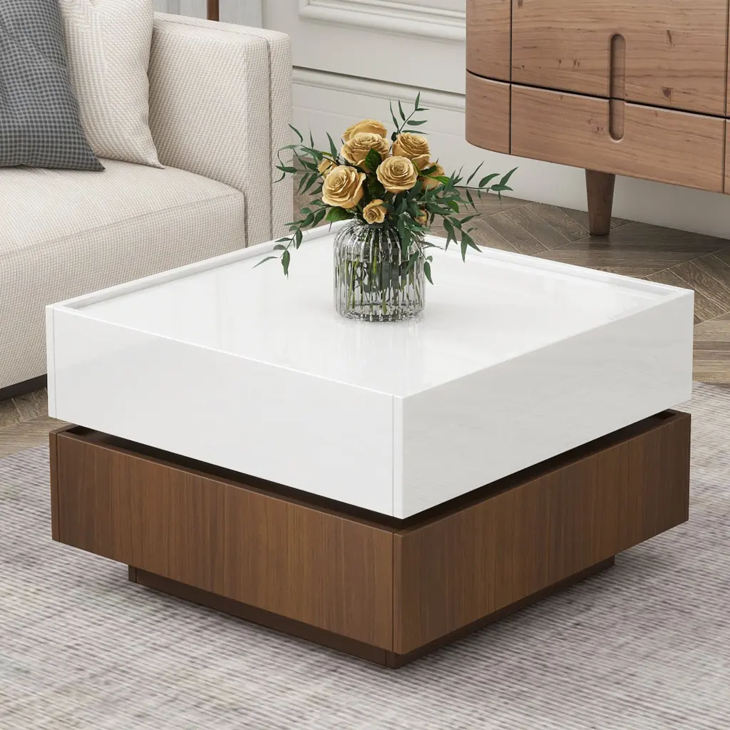 Square 360 Rotating Coffee Table 2 Drawers High Gloss 2 Tier Center Table rnb