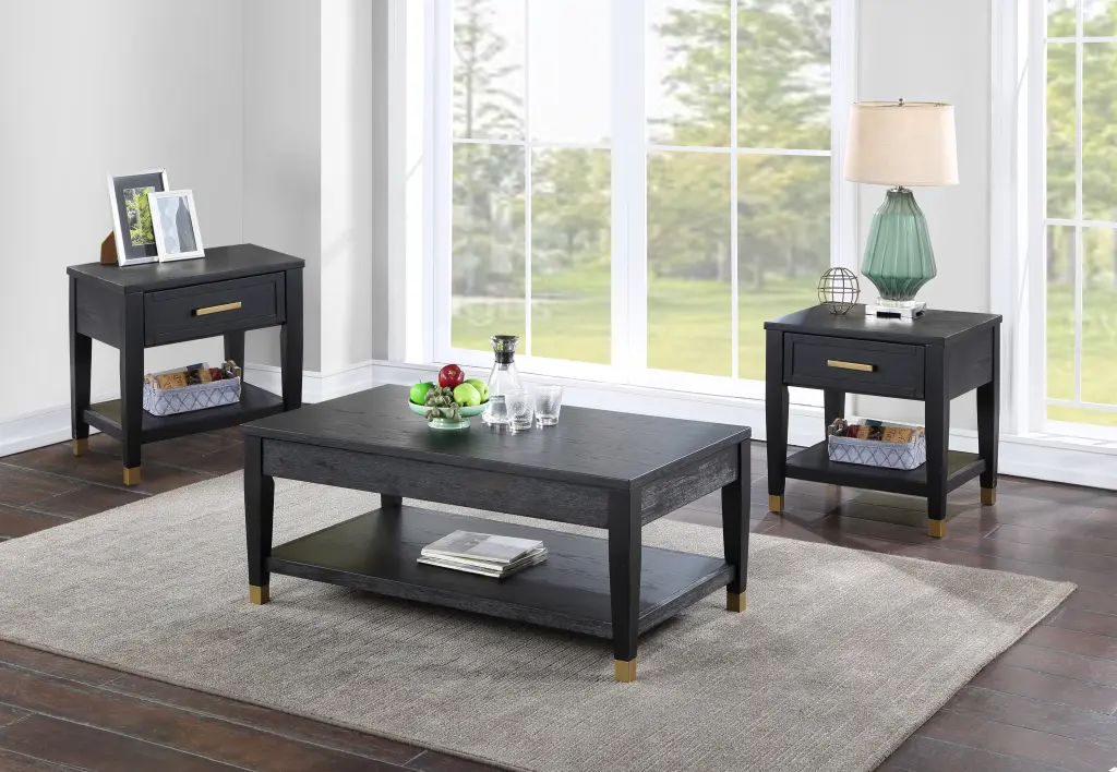 Yves Cocktail and 2 End Table Set Black Timber Coffee Table steve silver furniture
