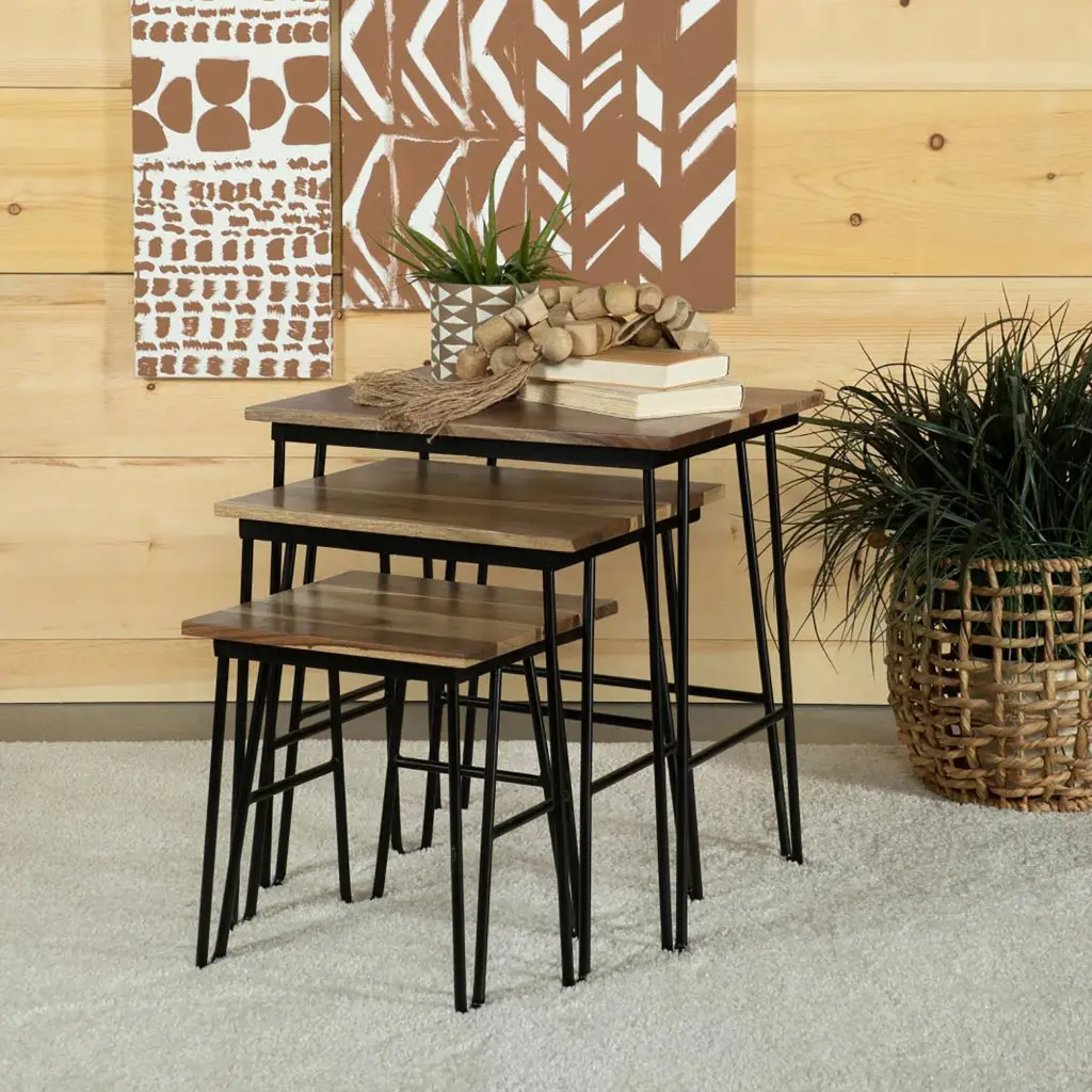 Natural and Black 3 Piece Nesting Table Set Hairpin Legs Brown Primary furniture max