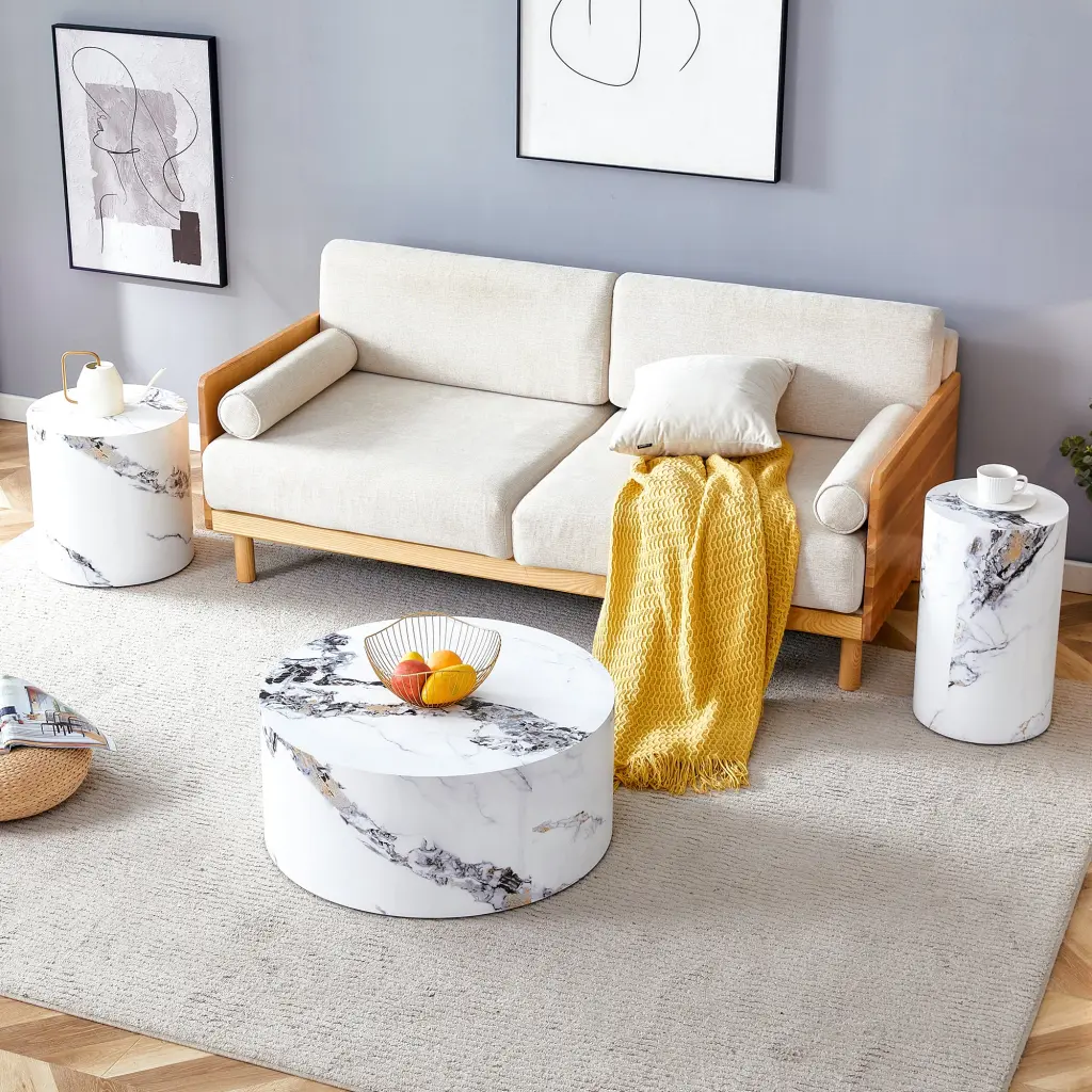 Modern Minimalist Set 3 Cylinder Marble Pattern MDF Coffee Tables droom w-1151