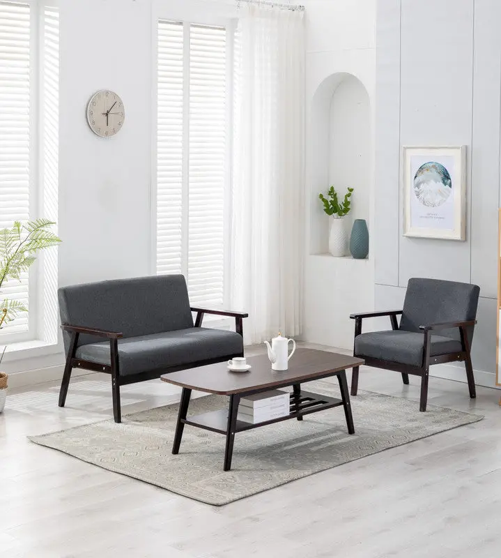 Bahamas Espresso Coffee Table Loveseat Chair Set Gray Linen Upholstery lilola home
