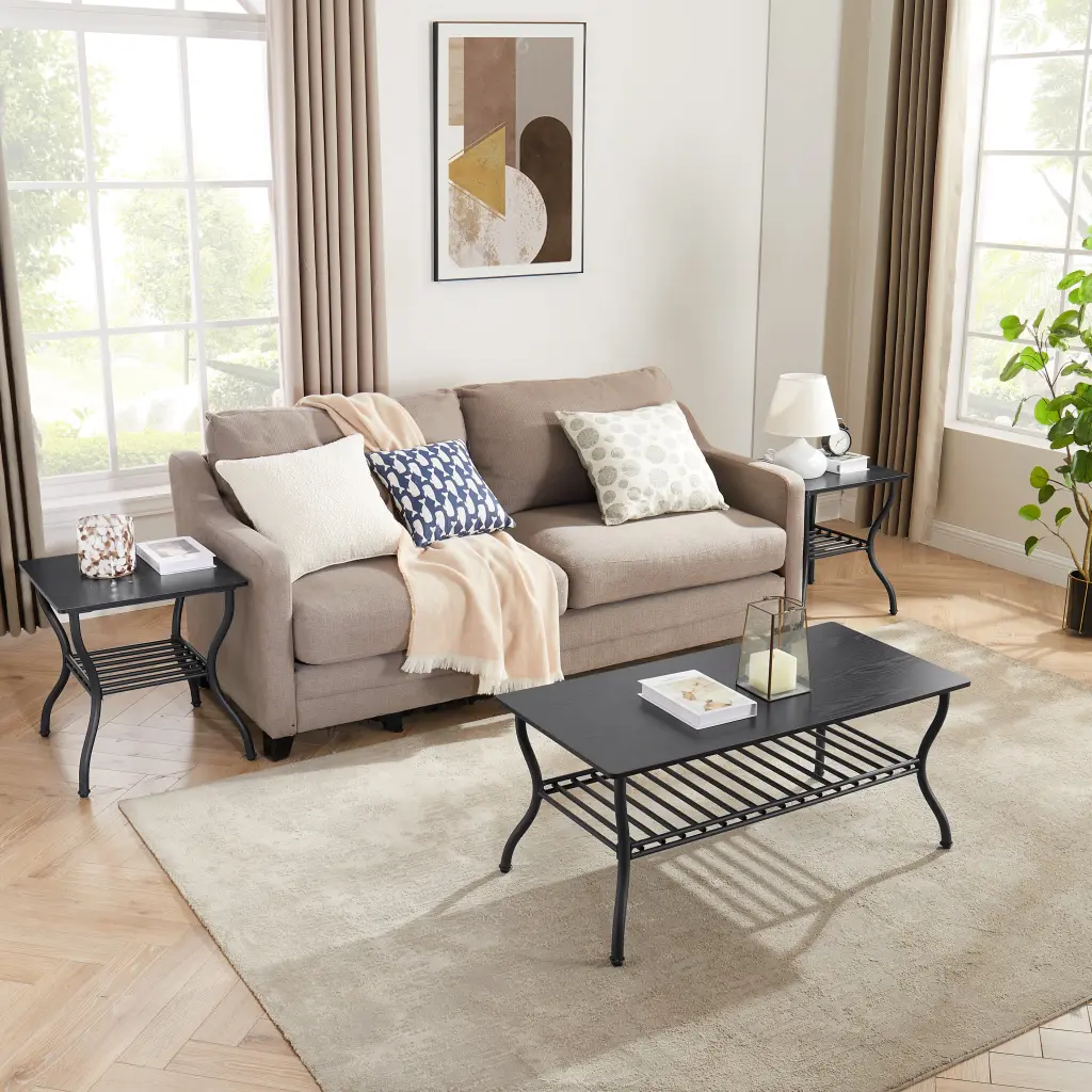 Modern Style 3 Piece Coffee Table Set Rectangle Coffee Table 2 Square Side Tables rnb