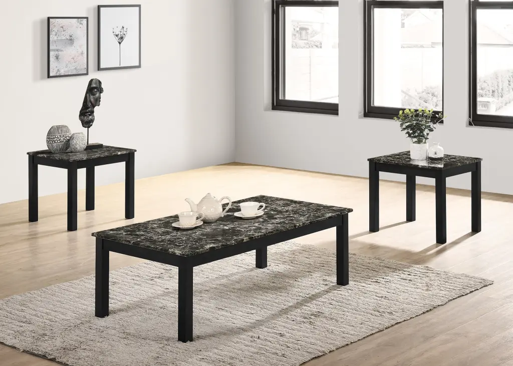 Contemporary Black Faux Marble Top Coffee Table and 2 End Tables Set 3 kanepe