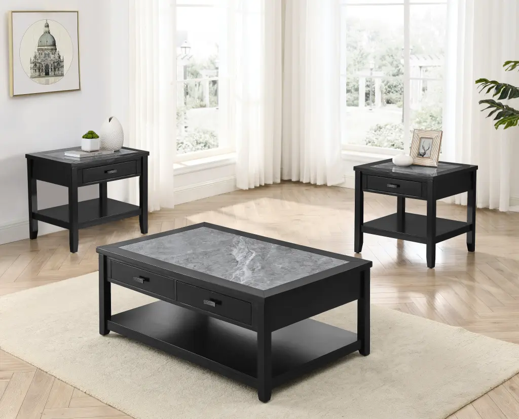 Garvine 3 Piece Occasional Table Set Black & Gray Black Timber Side Tables steve silver furniture