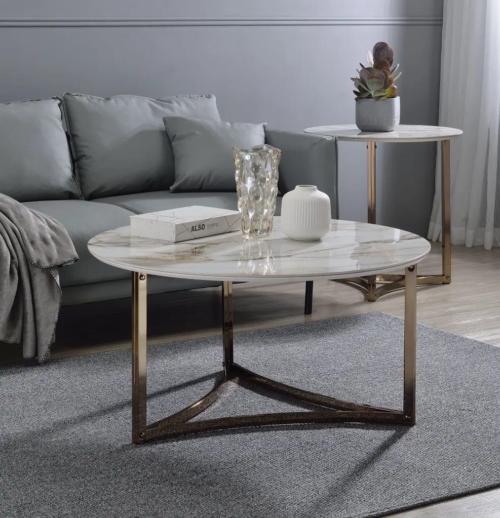 Aziz Coffee Table Sintered Marble Top Champagne Finish LV02825 White acme onsite store
