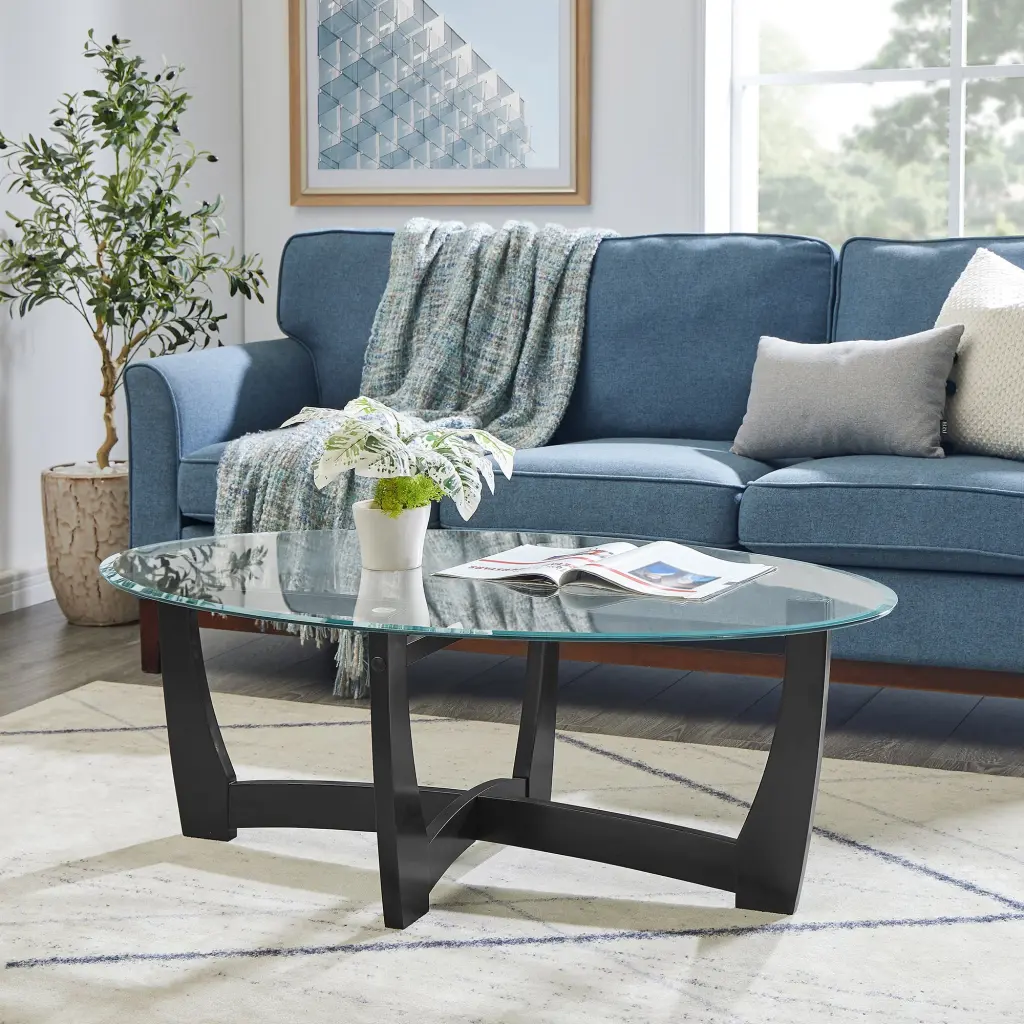 48 Inch Oval Crystal Coffee Table Black Round Center Table Living Room chuangyuan wood industry