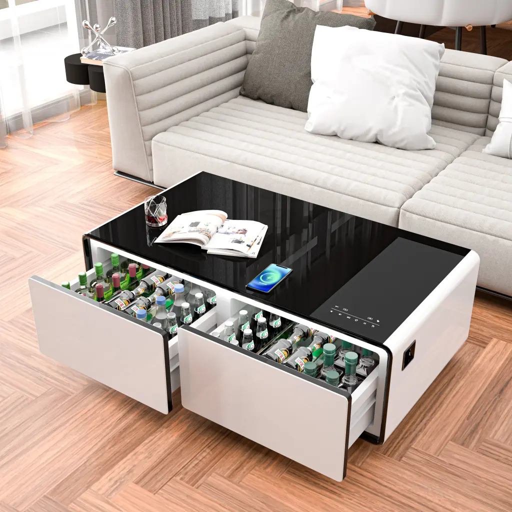 Modern Smart Coffee Table Built Fridge Bluetooth Speaker Wireless Charging dgvita