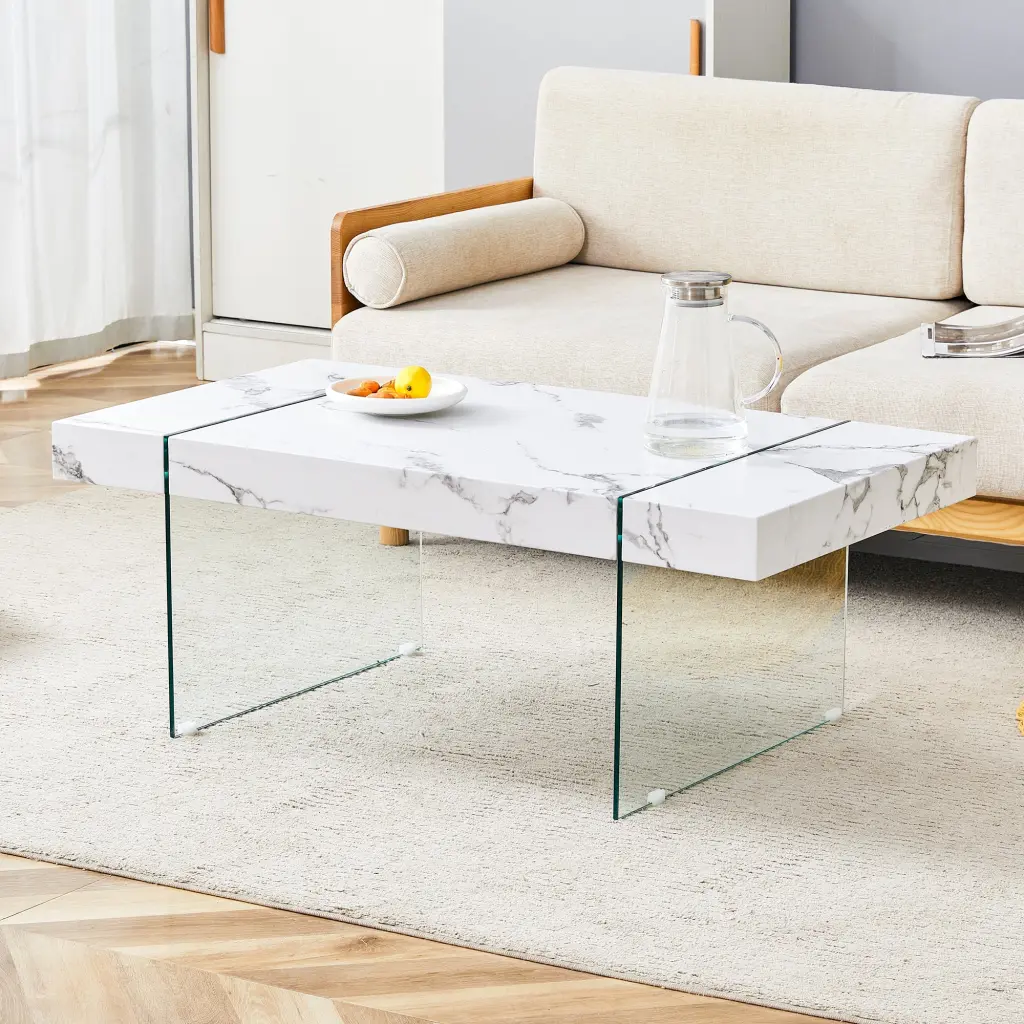 43.3 Inch White Marble Patterned MDF Coffee Table Tempered Glass Top droom w-1151