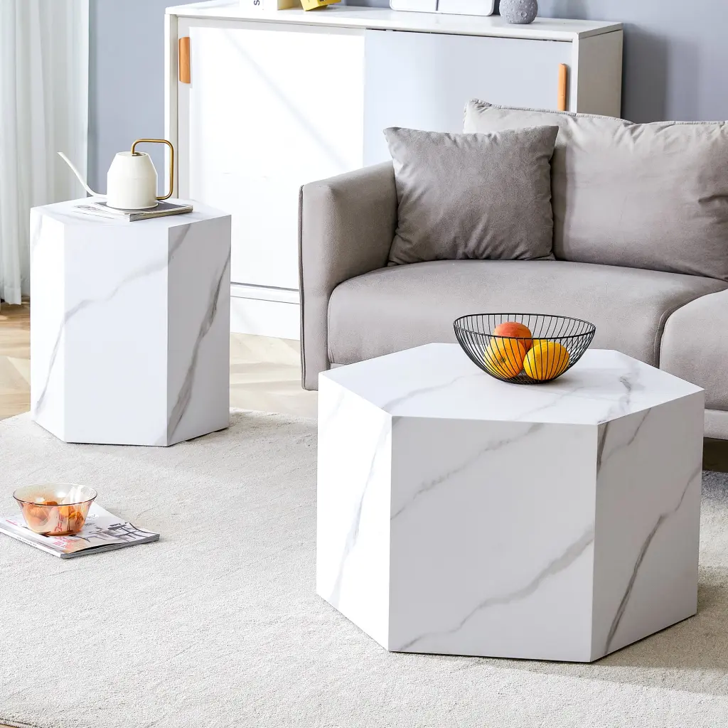 Modern Minimalist Hexagonal White Stone Patterned MDF Coffee Table droom w-1151