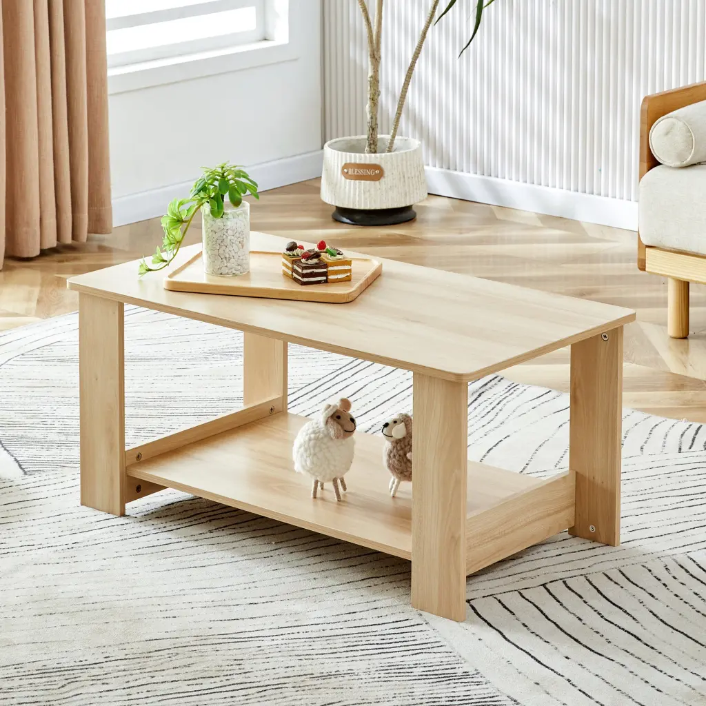 Modern Minimalist Log Hue Double Layered Rectangular Coffee Table droom w-1151