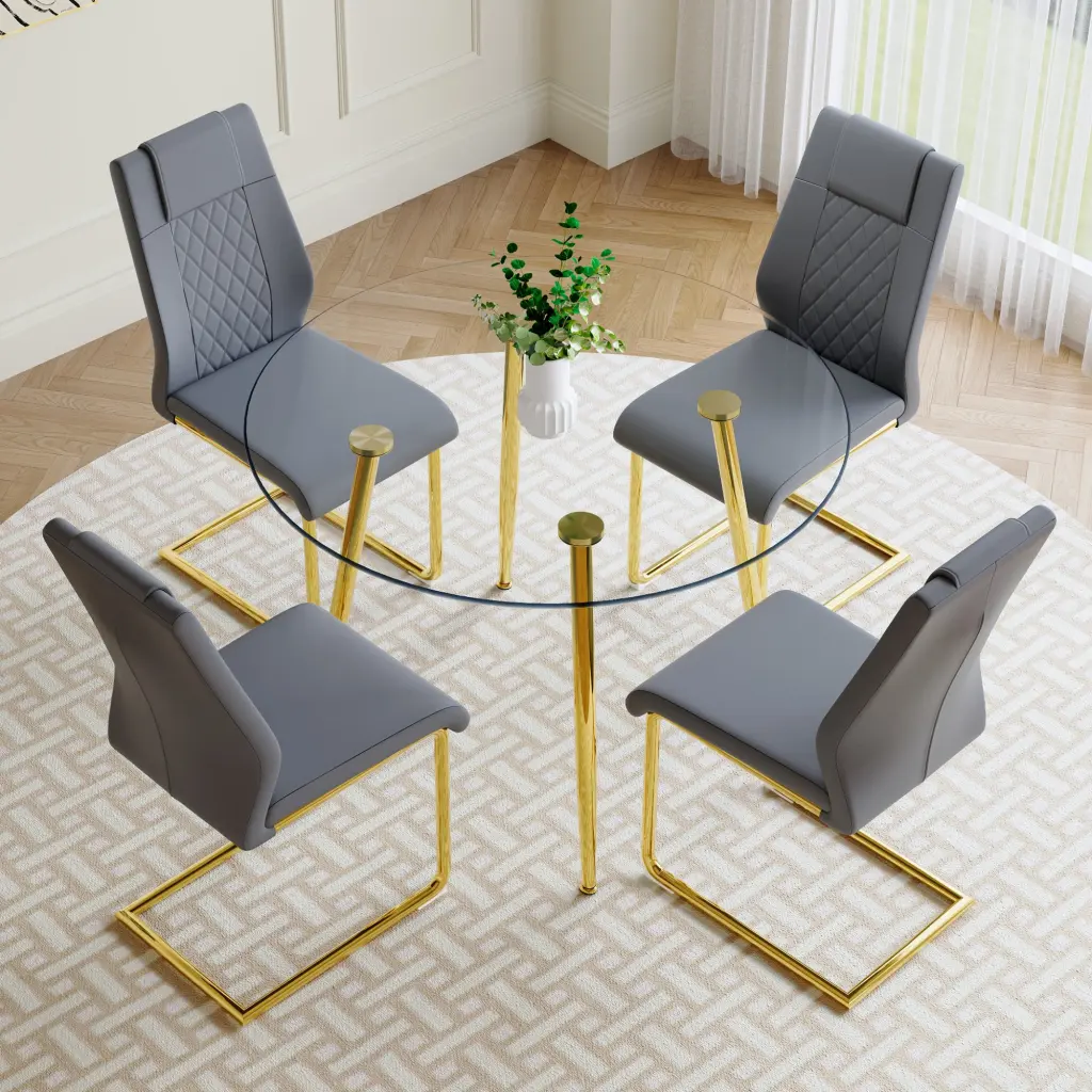 Modern Minimalist Round Transparent Tempered Crystal Table Shiny Metal Base droom w-1151