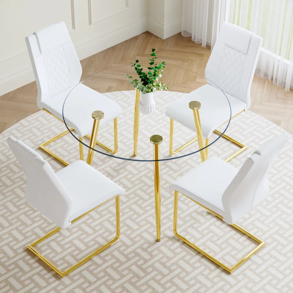 Modern Minimalist Round Transparent Tempered Crystal Table Shiny Metal Base droom w-1151