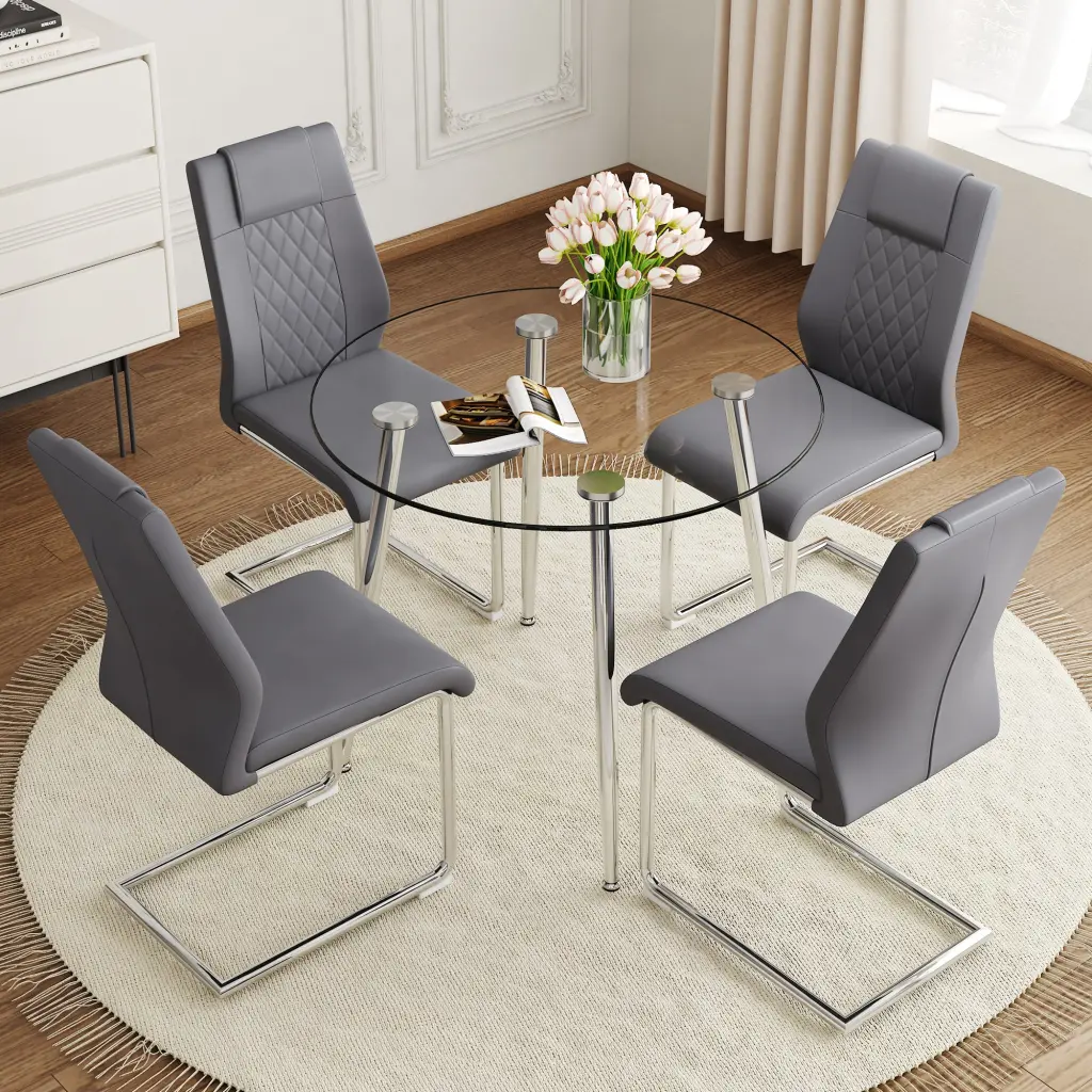 Modern Minimalist Round Transparent Tempered Crystal Table Shiny Metal Base droom w-1151