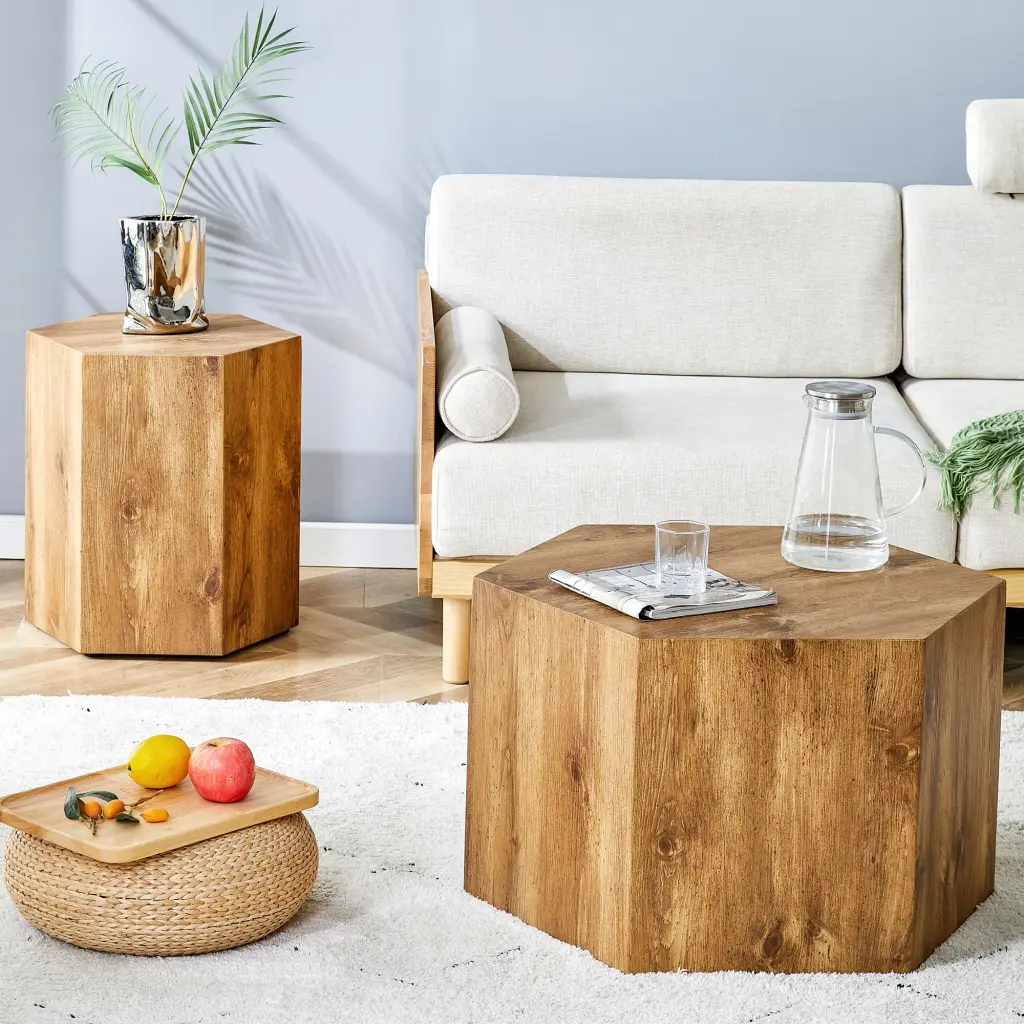 Modern Minimalist Set Two Hexagonal Wood Grain MDF Coffee Tables droom w-1151